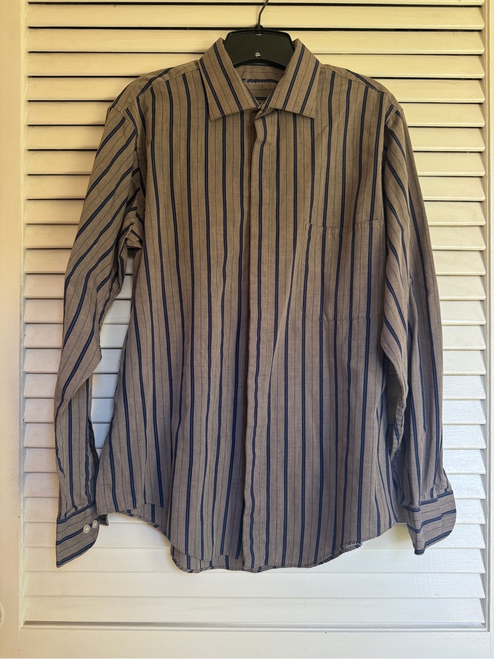 Men’s Striped Long-Sleeve Dress Shirt in Tan and Navy